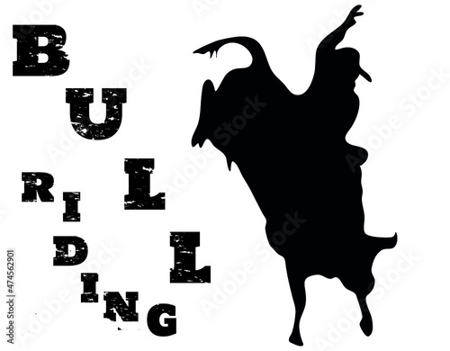 Black and white vector flat illustration: Bull riding rodeo discipline