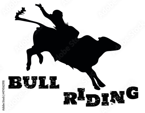 Black and white vector flat illustration: Bull riding rodeo discipline