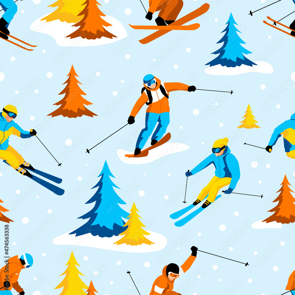 Skiers seamless pattern. People skiing, jumping, downhill, free ride on ski in winter snow forest. Multicolored trees, snowflakes on blue background. Country cross sport activity. Vector illustration