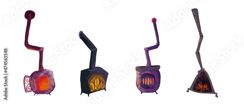 Iron wood burning stove with firewood and fire set. Vector flat old vintage fireplaces isolated on a white background.