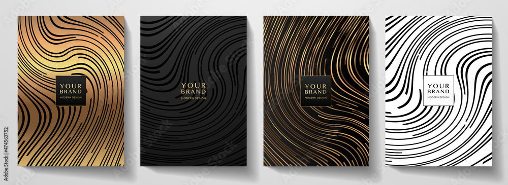 Contemporary cover design set.  Luxury dynamic diagonal line pattern in premium color: black, gold, white. Stripe vector layout for business background, certificate, brochure, menu template