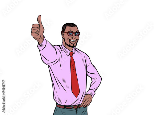 Like the thumbs up gesture, approval is good the businessman is happy