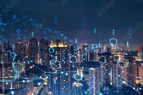 Photography Information flow hologram, night panorama city view of Kuala Lumpur