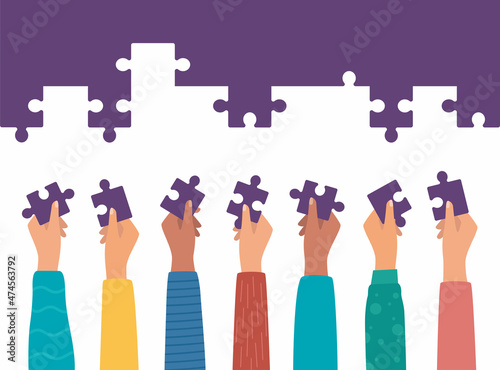 People folding puzzle. Hands hold the details of the puzzle. Concept of teamwork. Vector illustration.