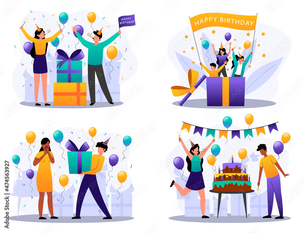 Fototapeta premium Birthday party isolated events set. People give gift, surprise from box, congratulate, blow candles, festive cake, pie. Party decorated balloons, confetti, happy birthday banner. Vector illustration 
