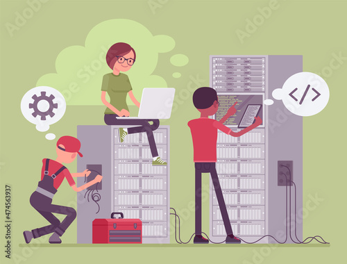 Data center server cloud support crew, system administrators at work. Technical team installing, configuring hardware, software, professional computer help. Vector flat style cartoon illustration