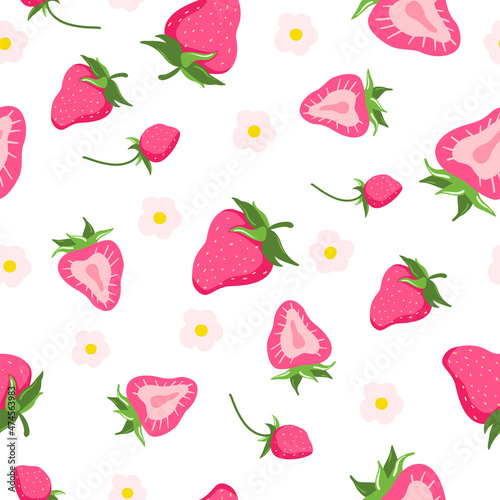 Strawberries seamless hand drawn vector pattern with white background. Colorful doodle wallpaper. Pink and green print