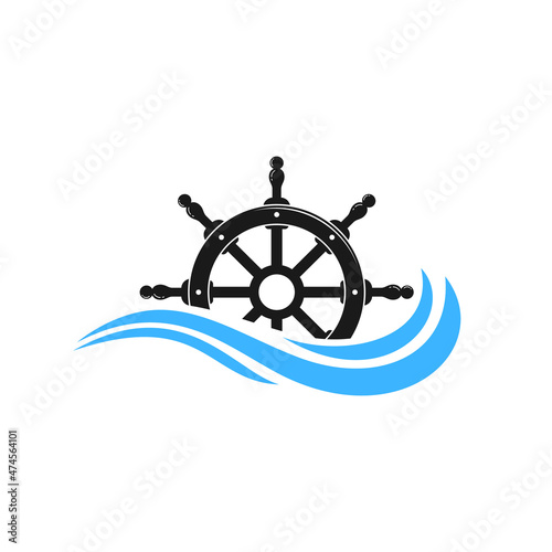 River Creek Water Mill, Vintage Ship Steering Wheel And Ocean Waves Logo Design Inspiration