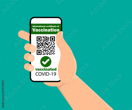 Vaccination passport for COVID-19 displayed on smartphone held in male's hand. Vector illustration.