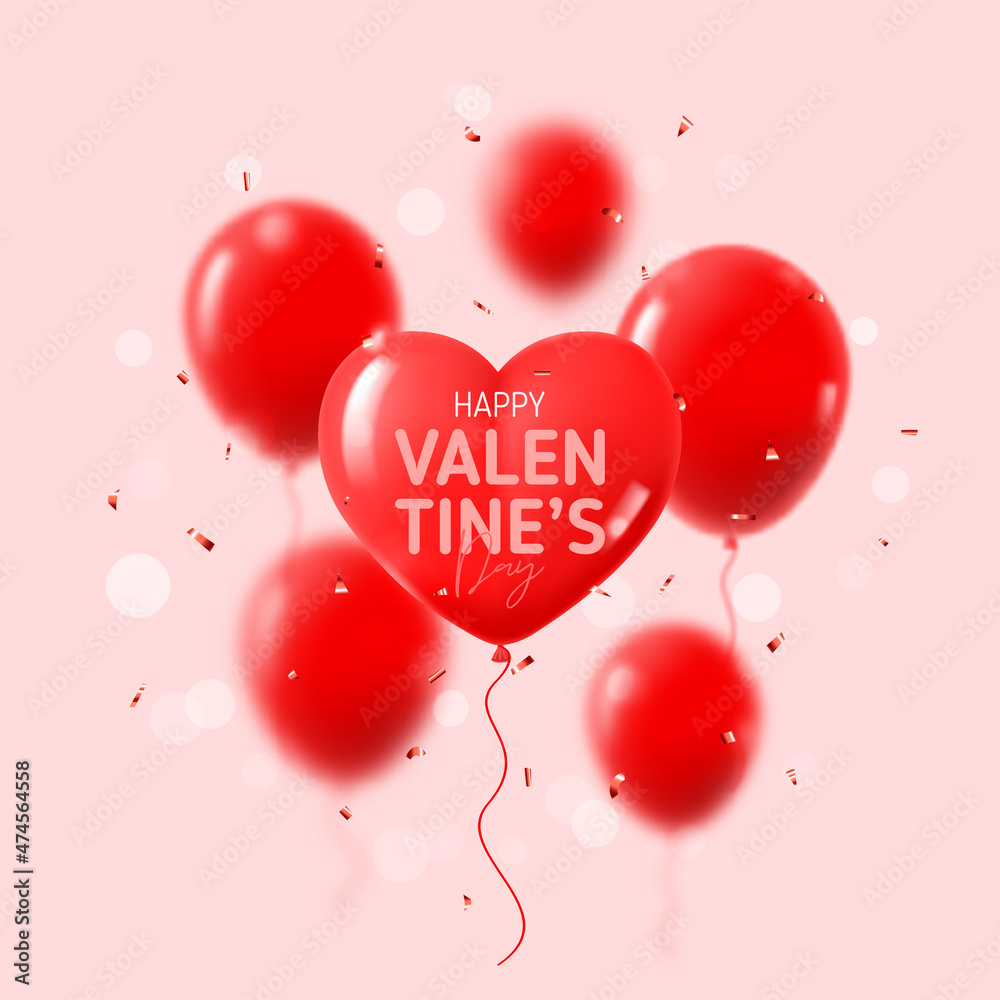 Happy Valentine s Day greeting card. Holiday decoration design with abstract 3d composition for Valentine s Day. Vector illustration with red balloons and confetti on pink background. Holiday banner.