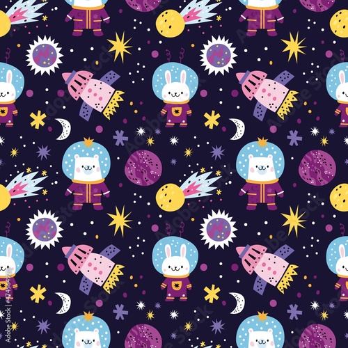 Cute space animals seamless pattern. Spaceship and funny astronauts in outer cosmos. Cartoon characters with planets, comets and stars. Rabbits or bears in spacesuits. Vector kids print