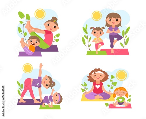 Mothers yoga with kids. Mom, son, daughter do gymnastics. Outdoor sport with parents and children. Park family training. People practice Pilates or meditation. Vector exercises set