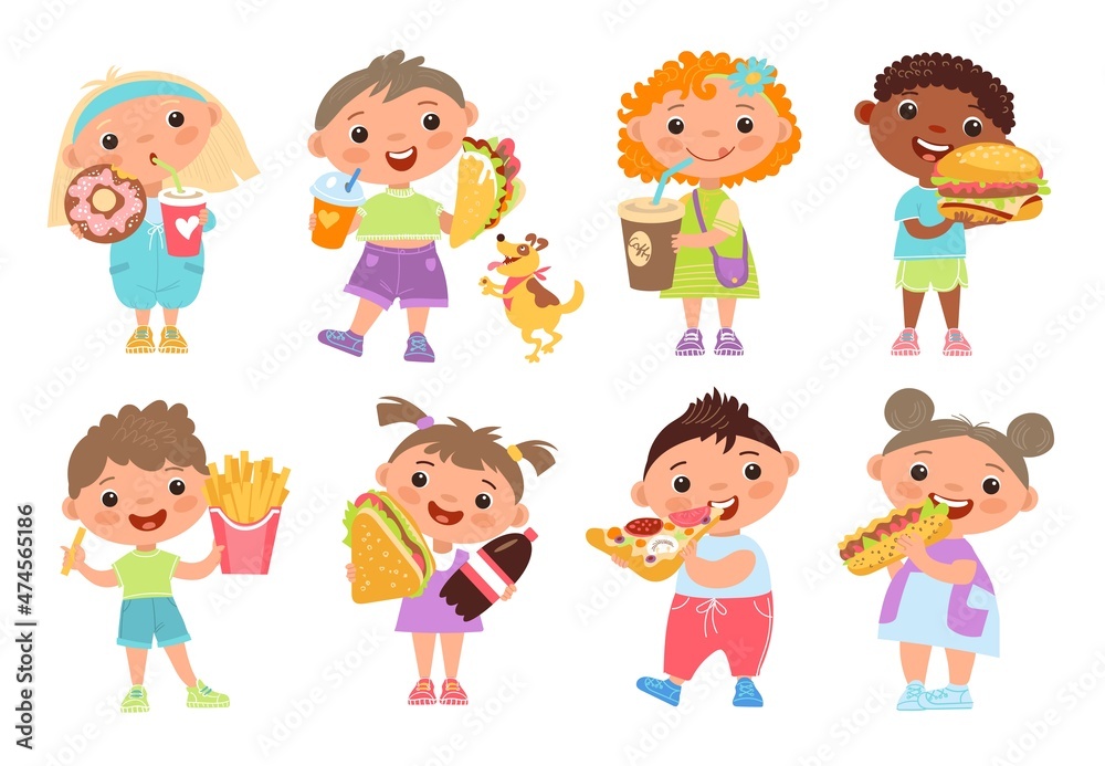 Kids with fast food. Children with street snacks and sweet drinks. Cute boys and girls with burger, pizza and French fries. Young people eat burrito or donut. Vector unhealthy meal set