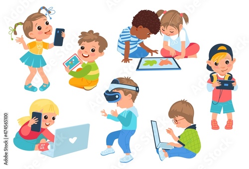 Kids with gadgets. Children hold different device. Boys and girls with phones  laptops and tablets. Playing and learning. Teens using headset and VR glasses. Vector babies leisure set