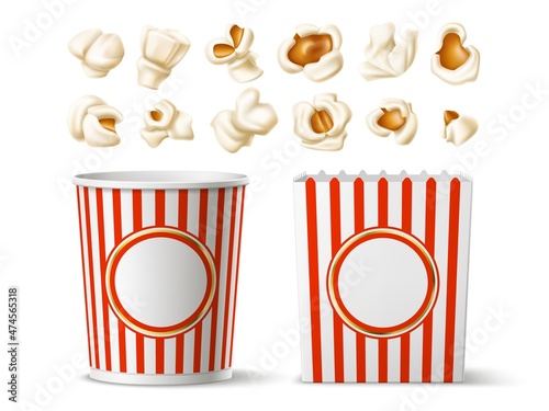 Realistic popcorn. Cinema snacks cups. Cylindrical and rectangular buckets with red and white stripes. 3D party flakes different packaging. Salty pieces. Vector movie food containers set