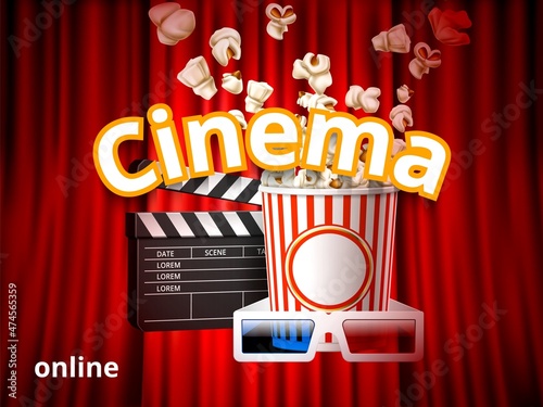 Realistic popcorn. Online movie theater advertising banner. Red curtain background. 3D glasses and clapperboard. Cinema snacks. Food bucket and salty corns. Vector film premiere poster