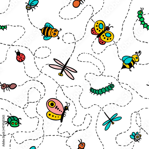 Vector seamless pattern of different insects drawn in simple children style