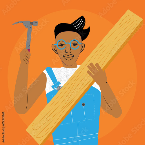 Lesbian carpenter holding a hammer and a piece of wood