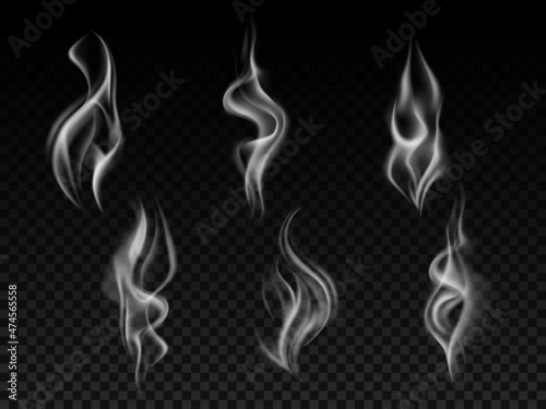 Realistic smoke flows. Kitchen air swirling streams. Perfume smell effects. Evaporating particles. Curled smooth jets. Fog motion. Transparent mist wave. Vector 3D smoky trails set