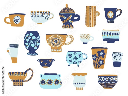 Trendy cups. Decorated tea mugs with rustic ornament, scandinavian flowers patterns crockery, kitchen ceramic drinking tableware, tea and coffee modern porcelain vector hand drawn set