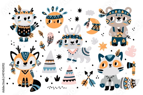 Cute Indian tribal animals. Funny bunny, fox, raccoon and owl with feathers decor and painted faces. Boho forest creations in ethnic costumes. Tepee and arrows. Vector wild mammals set