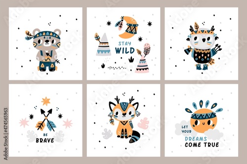 Cute Indian animals cards. Funny woodland tribal creations with decorated muzzles and headbands with feathers. Cartoon mammals in ethnic clothes. Vector Scandinavian style postcards set