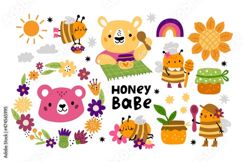 Cute honey bees. Kids funny characters. Cartoon animals and honeybees. Flying insects. Bears with pot and spoon. Natural sweet products. Flowers and sky elements. Vector beekeeping set