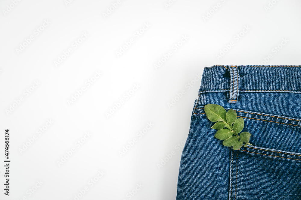 Sustainable fashion, Circular economy, denim eco friendly clothing. Green  leaf plant on blue denim jeans background Stock 写真 | Adobe Stock