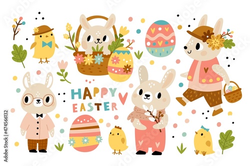Cute rabbits. Funny bunnies and chickens with Easter patterned eggs. Flower and leaves. Festive hunter with basket. Animals in clothes finding gifts. Spring holiday. Vector hares set