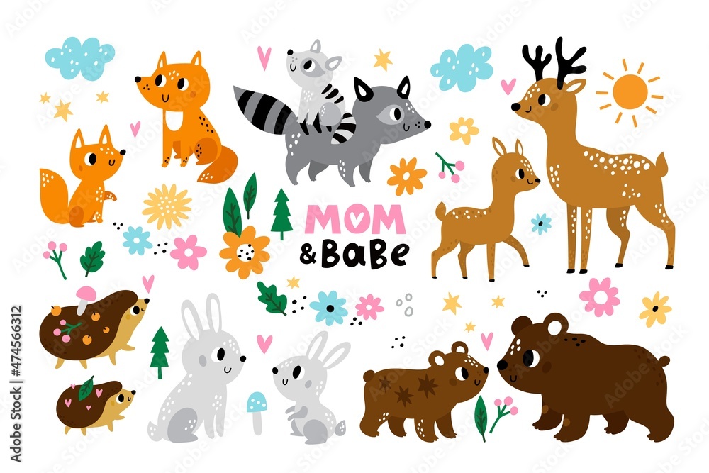 Obraz premium Cute animal baby and mom. Happy loving parents with kids. Wildlife forest characters cubs. Scandinavian cartoon style. Motherhood and care of children. Vector wild fauna families set