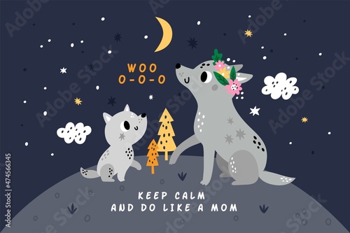 Mom and baby animals card. Cute wolfs family. Mother and cub. Wildlife characters. Parent with son in night forest clearing. Forest mammals howling into dark sky. Vector cartoon poster