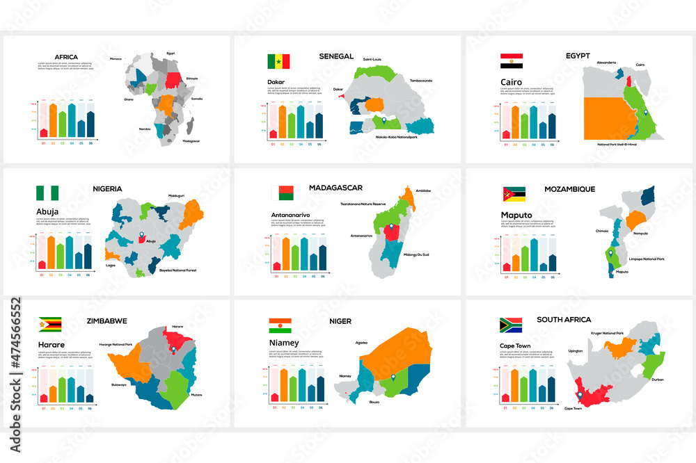 Set maps African countries by regions Senegal, Egypt, Nigeria, Madagascar, Mozambique, Zimbabwe, Niger, North Africa