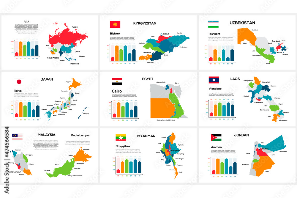 Obraz premium Set of maps of Asia countries by region Kyrgyzstan, Uzbekistan, Japan, Egypt, Laos, Malaysia, Myanmar, Jordan