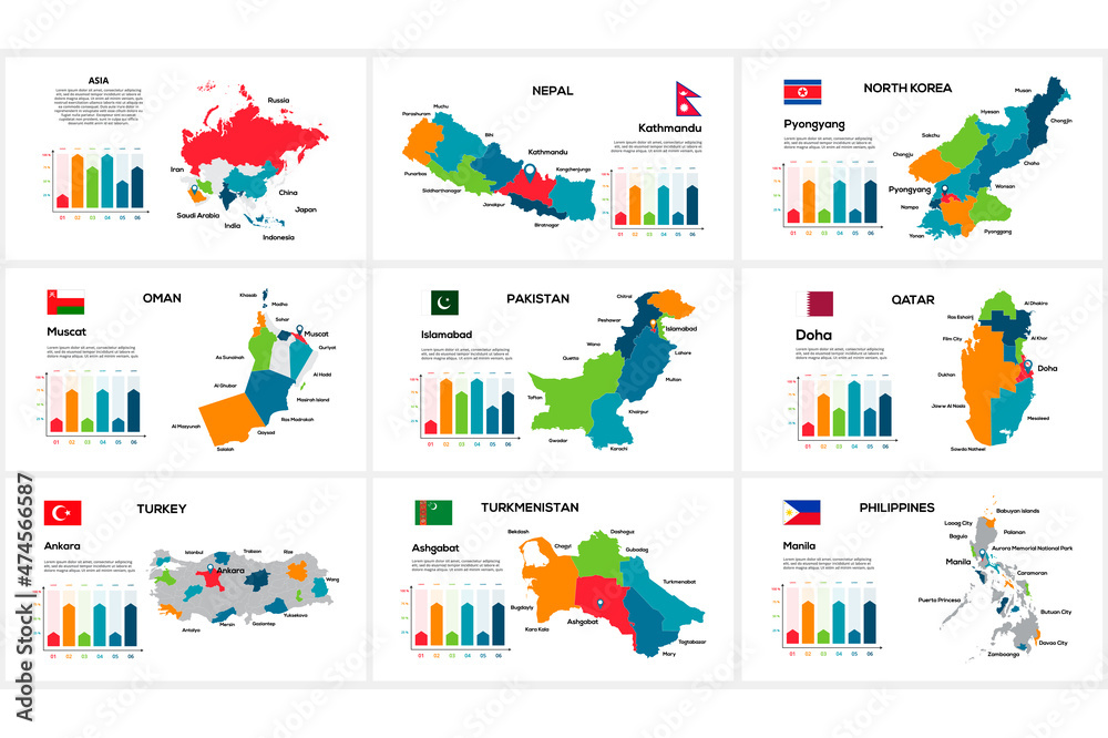 Set of maps of Asia countries by region Nepal, North Korea, Oman, Pakistan, Qatar, Turkey, Turkmenistan, Philippines