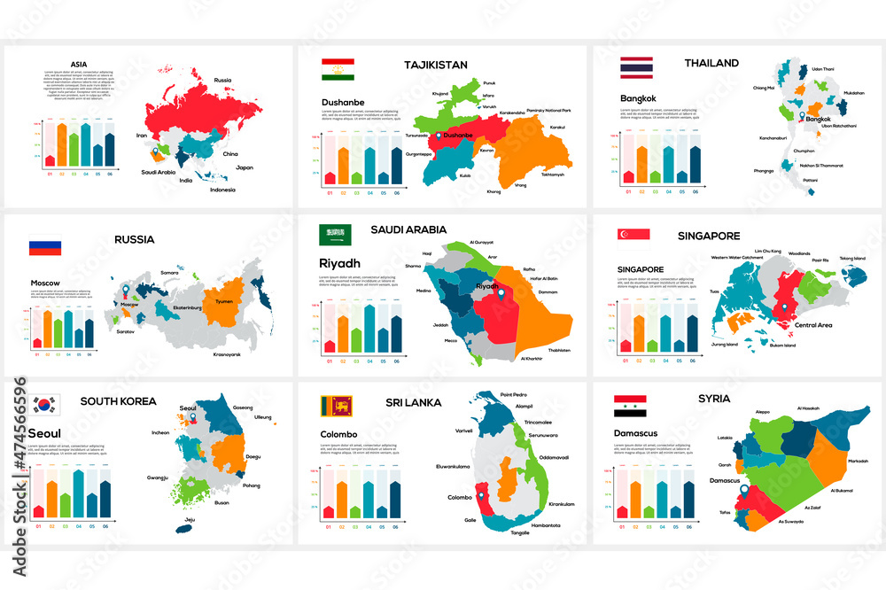 Obraz premium Set maps Asia countries by region Tajikistan, Thailand, Russia, Saudi Arabia, Singapore, North Korea, Sri Lanka, Syria