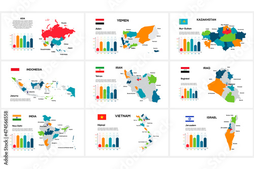 Set of maps of Asia countries by region Yemen, Kazakhstan, Indonesia, Iran, Iraq, India, Vietnam, Israel