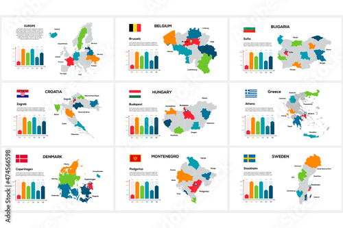 Set of maps of Europe countries by region Belgium, Bulgaria, Croatia, Hungary, Greece, Montenegro, Sweden, Montenegro