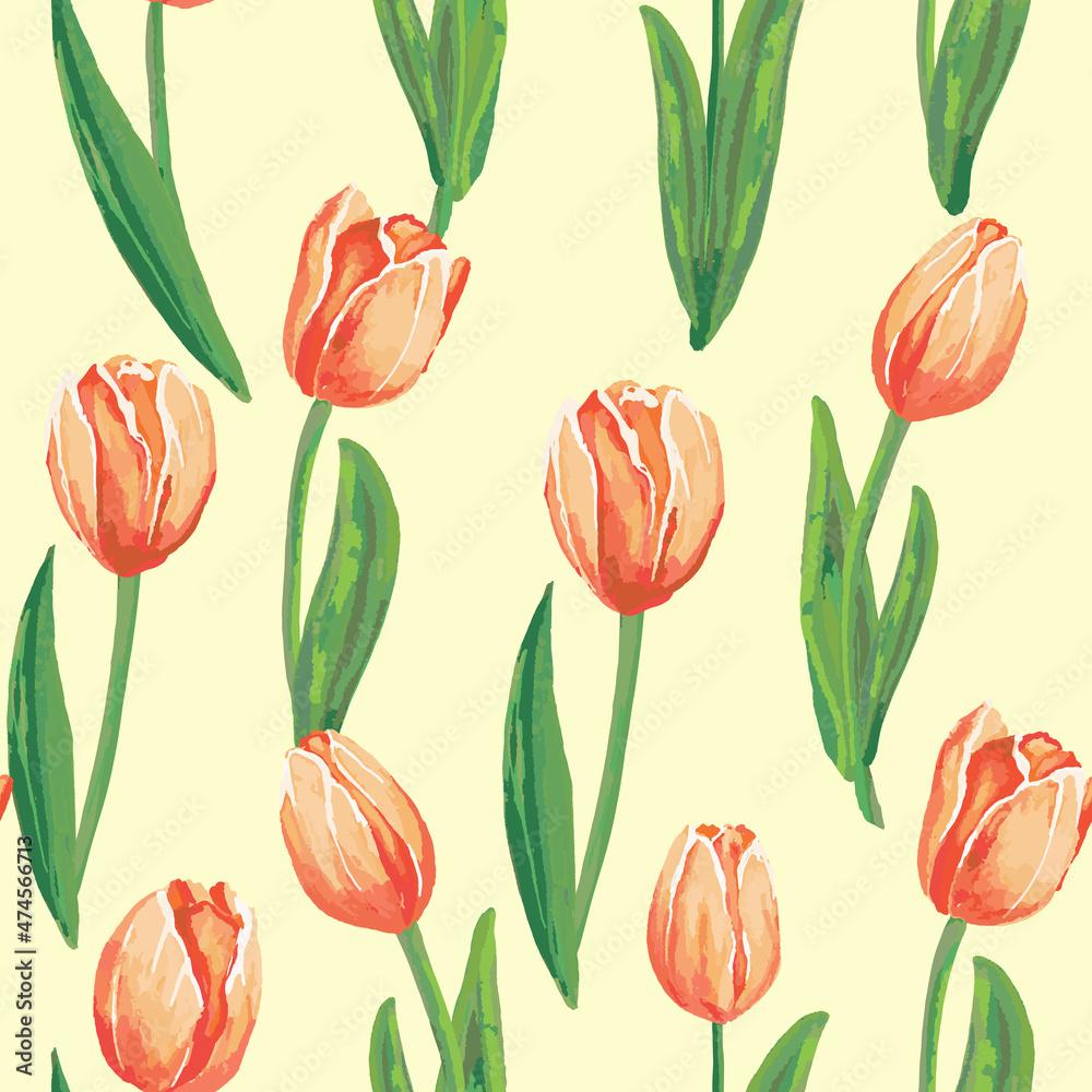 Obraz premium Red tulips on the yellow background. Watercolor seamless pattern with spring flowers.