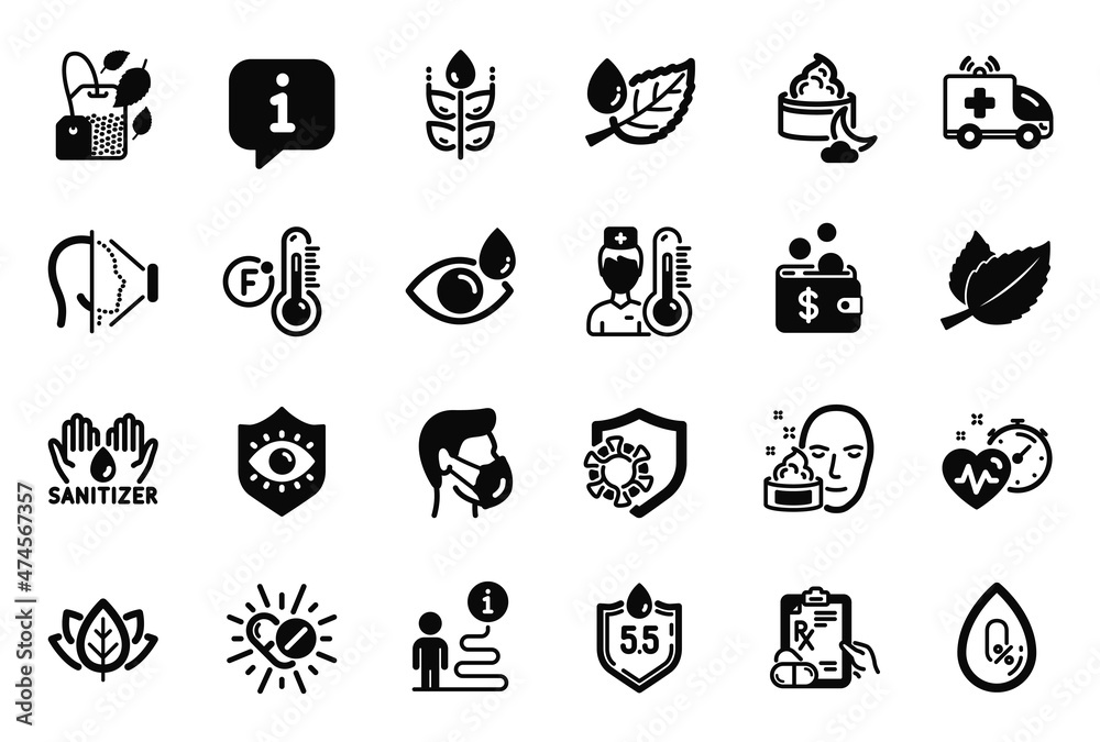 Vector Set of Healthcare icons related to Face id, Thermometer and Coronavirus icons. Ambulance car, Medical mask and Eye protection signs. Prescription drugs, Face cream and Eye drops. Vector Vector Set of Healthcare icons related to Face id, Thermometer and Coronavirus icons. Ambulance car, Medical mask and Eye protection signs. Prescription drugs, Face cream and Eye drops. Vector