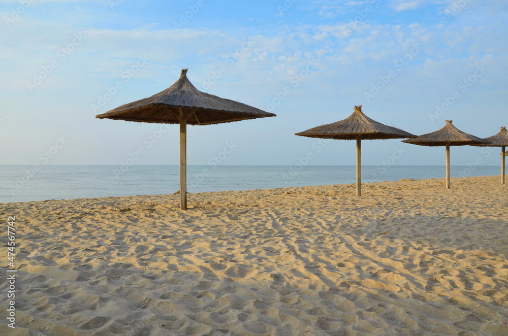 Sandy beach of the sea in the morning in good weather. wooden umbrellas on the beach. a place for rest and relaxation