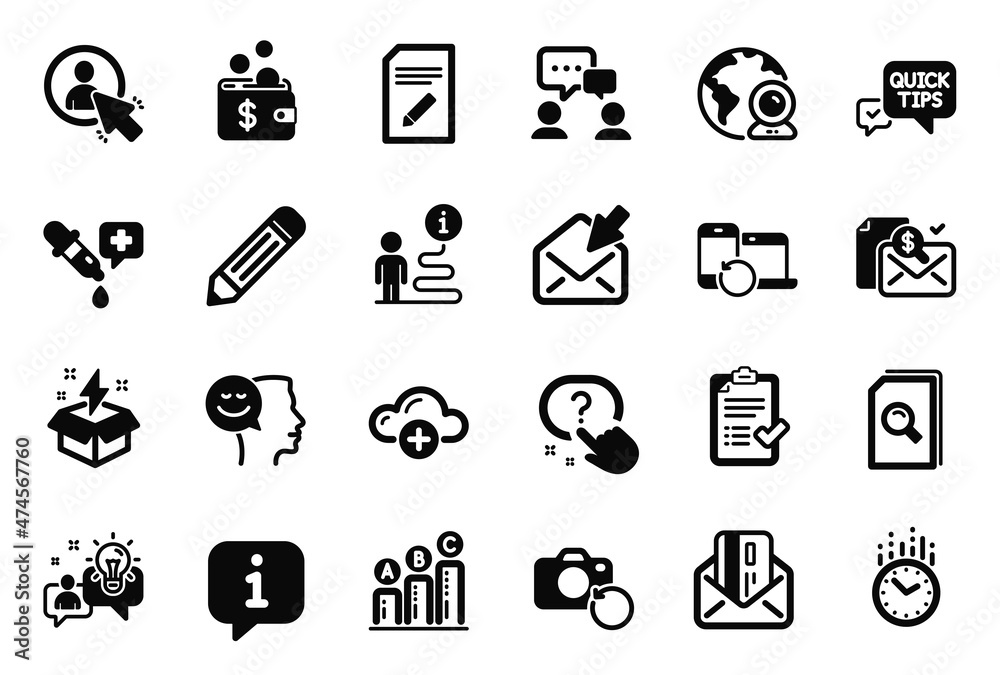 Vector Set of Education icons related to Cloud computing, Good mood and Idea icons. Recovery devices, Credit card and Question button signs. Search files, Recovery photo and Creative idea. Vector Vector Set of Education icons related to Cloud computing, Good mood and Idea icons. Recovery devices, Credit card and Question button signs. Search files, Recovery photo and Creative idea. Vector