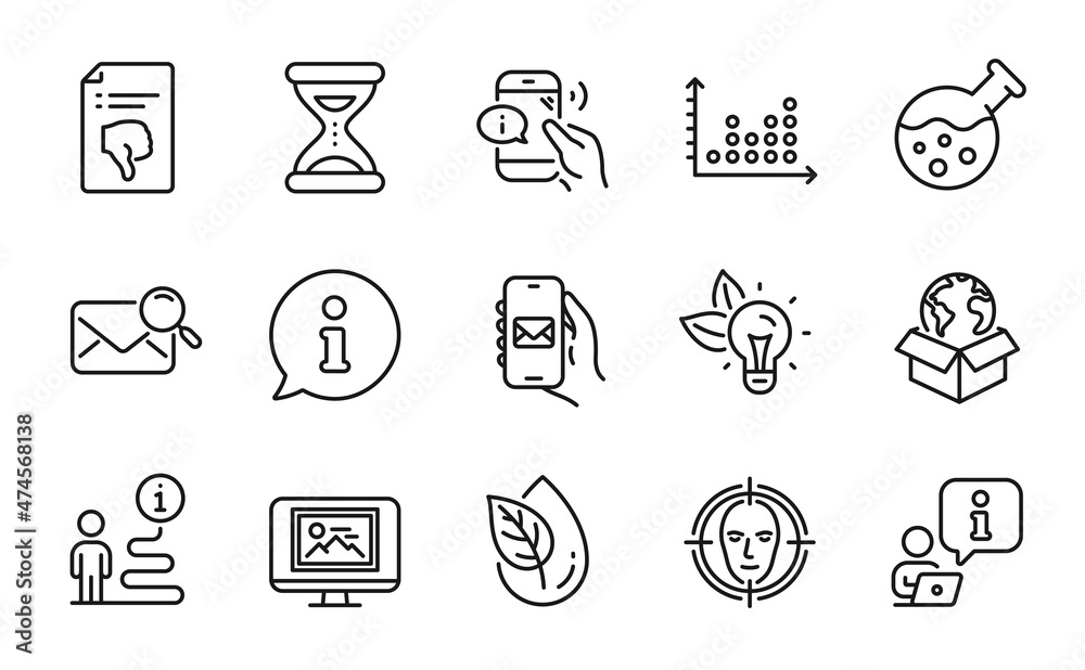 Fototapeta Technology icons set. Included icon as Time, Face detect, Thumb down signs. Mail app, Call center, Chemistry lab symbols. Dot plot, Eco energy, Search mail. Organic product line icons. Vector