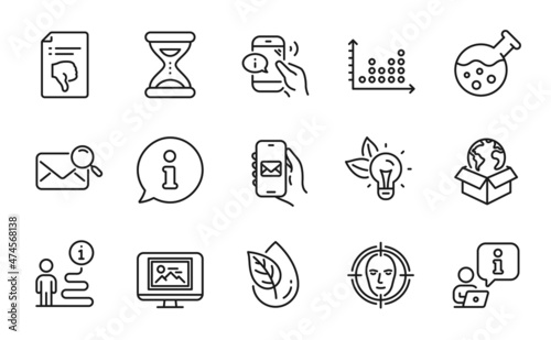 Fototapeta Naklejka Na Ścianę i Meble -  Technology icons set. Included icon as Time, Face detect, Thumb down signs. Mail app, Call center, Chemistry lab symbols. Dot plot, Eco energy, Search mail. Organic product line icons. Vector