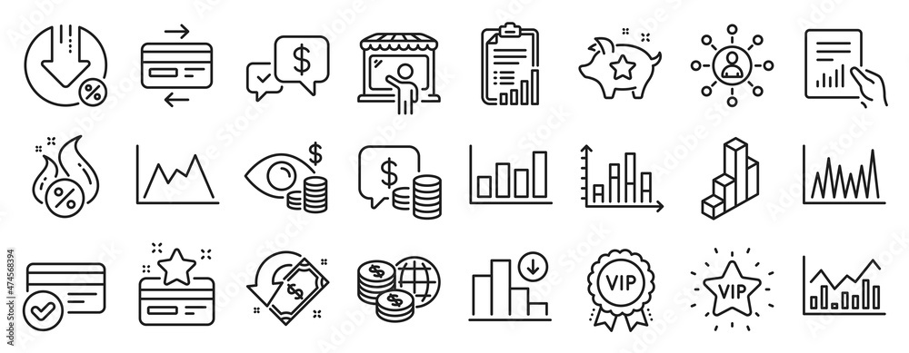 Set of Finance icons, such as Line graph, Coins, Decreasing graph icons. Vip star, Business vision, Cashback signs. World money, Report diagram, Infochart. Vip award, Market seller. Vector