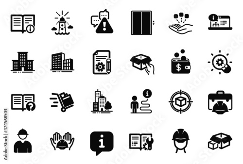 Vector Set of Industrial icons related to Lift, Builders union and Lighthouse icons. Technical info, Online documentation and Warning signs. Packing boxes, Construction toolbox and Engineer. Vector