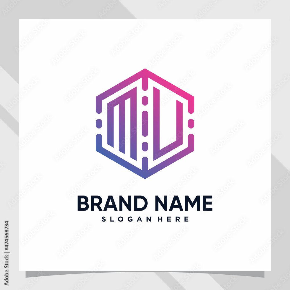 Creative monogram logo design technology initial letter mu for business company or personal with hexagon concept