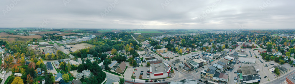 Aerial panorama of Elmira, Ontario, Canada in autumn