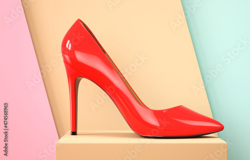 Red women's shoe on a pedestal. 3D rendering illustration.