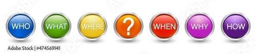 Fotografija Isolated colored buttons with Question mark with question -Who What Where When Why How- Solve the questions