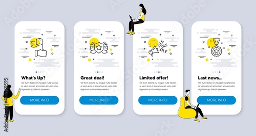 Set of Sports icons, such as Laureate, Ole chant, Leadership icons. UI phone app screens with people. Winner reward line symbols. Award shield, Megaphone, Winner flag. Best award. Vector